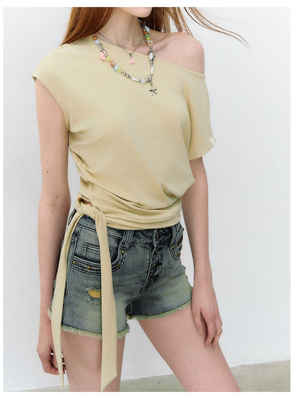 Asymmetric One-Shoulder Tie Detail Cutout Short Sleeve T-Shirt