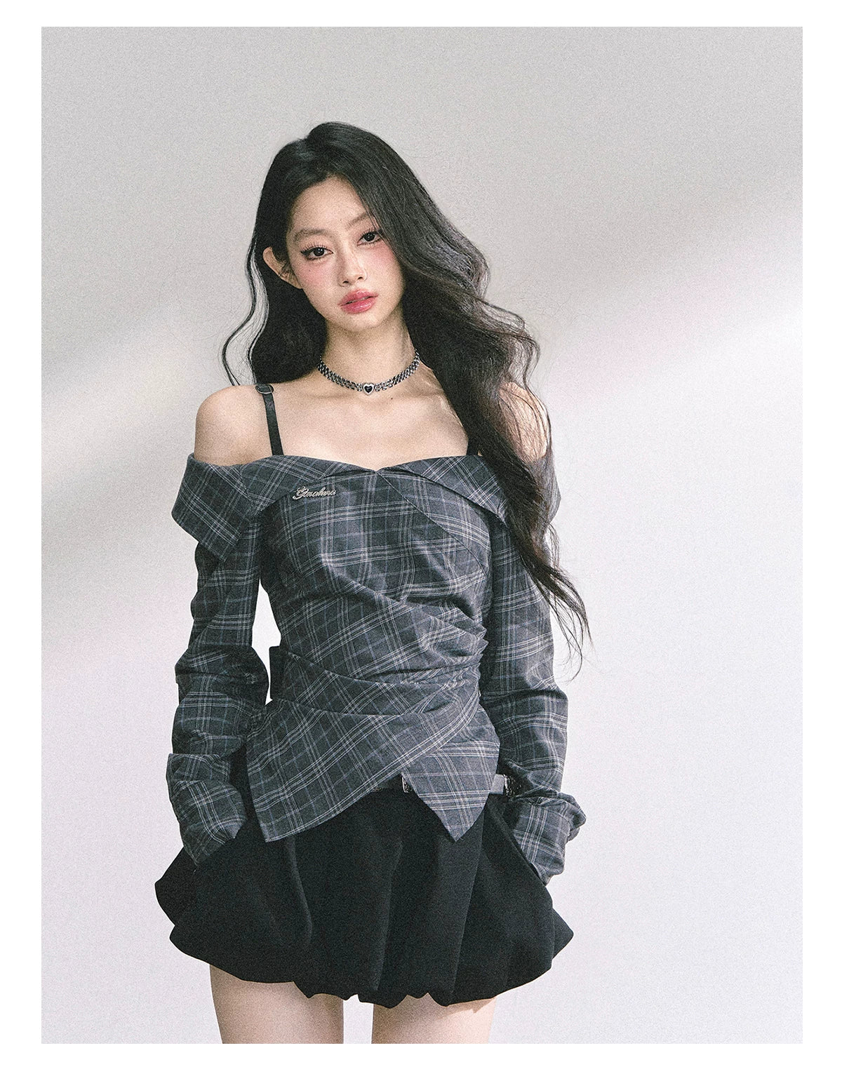 Off-Shoulder Plaid Long-Sleeve Shirt