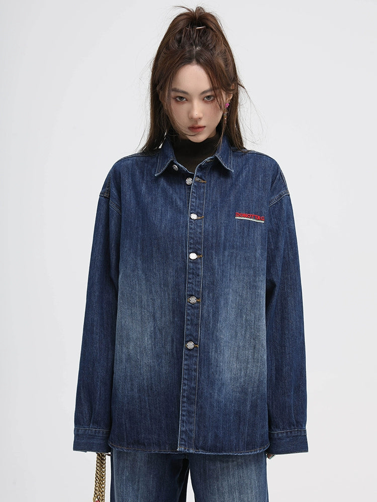 Dark Blue Embroidered Beaded Denim Shirt &amp; Jeans - CHINASQUAD