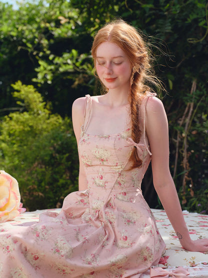 French Sweet Floral Corset Slip Pink Dress