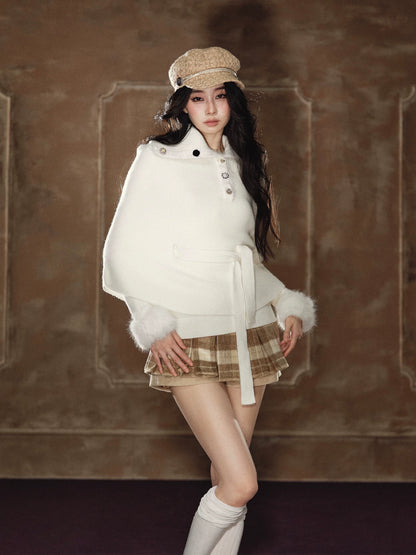 Faux Fur Base Top &amp; Waist-Cinching Cape Knit Set