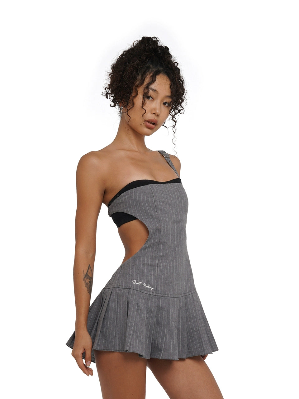 Gray One-shoulder Pleated Mini Dress Set