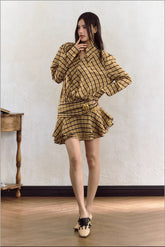 Yellow Plaid Low Waist Long Sleeve Dress - CHINASQUAD