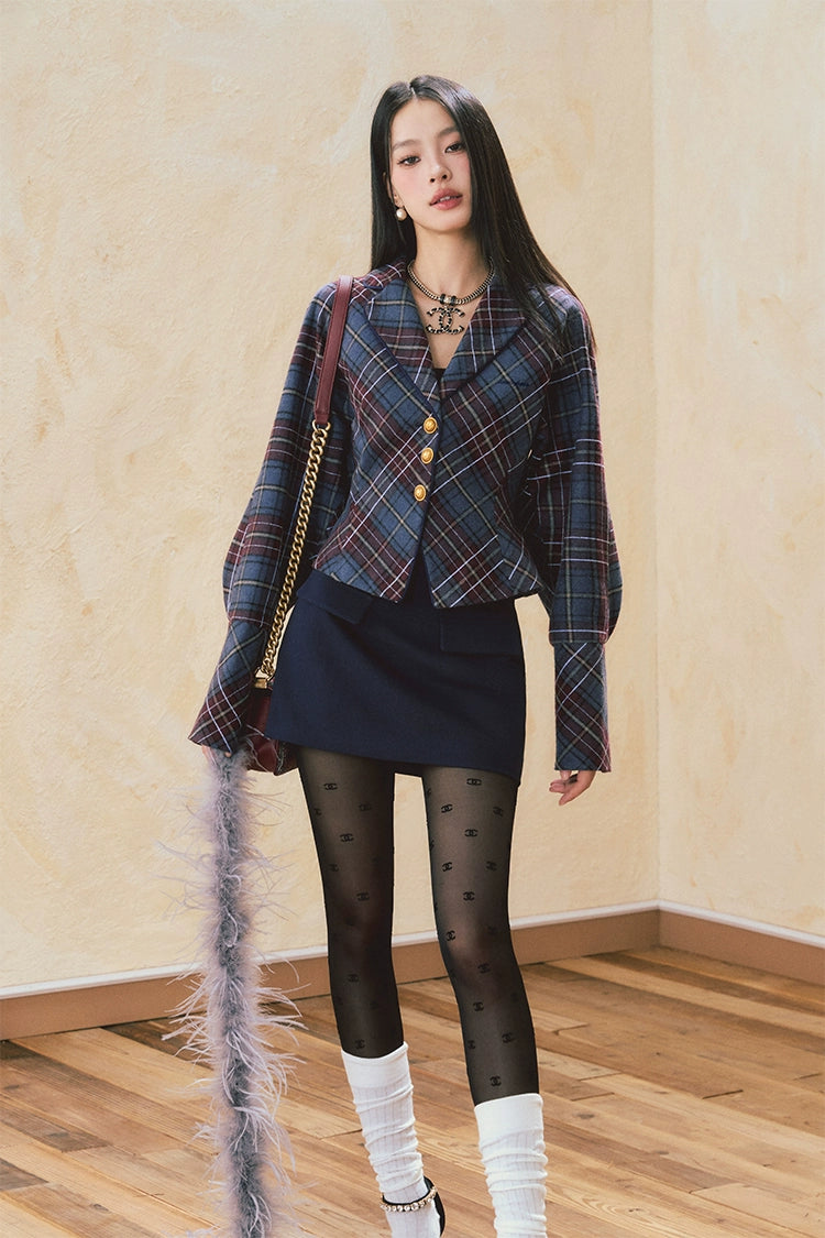 Black Plaid Blazer &amp; Mini Skirt Set - CHINASQUAD