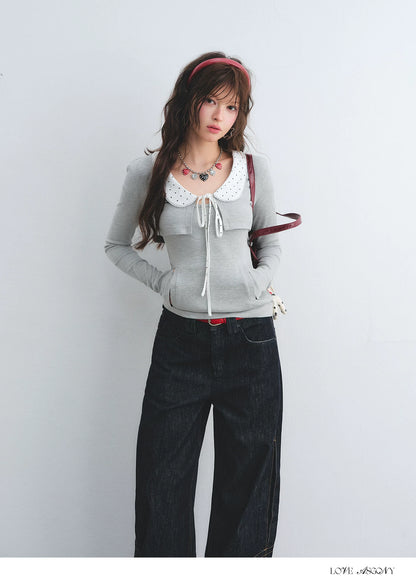 Polka Dot Lace Collar Long Sleeve Cardigan &amp; Cami Two-Piece Set