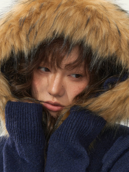 Detachable Fur-Collar Fleece Hooded Cardigan