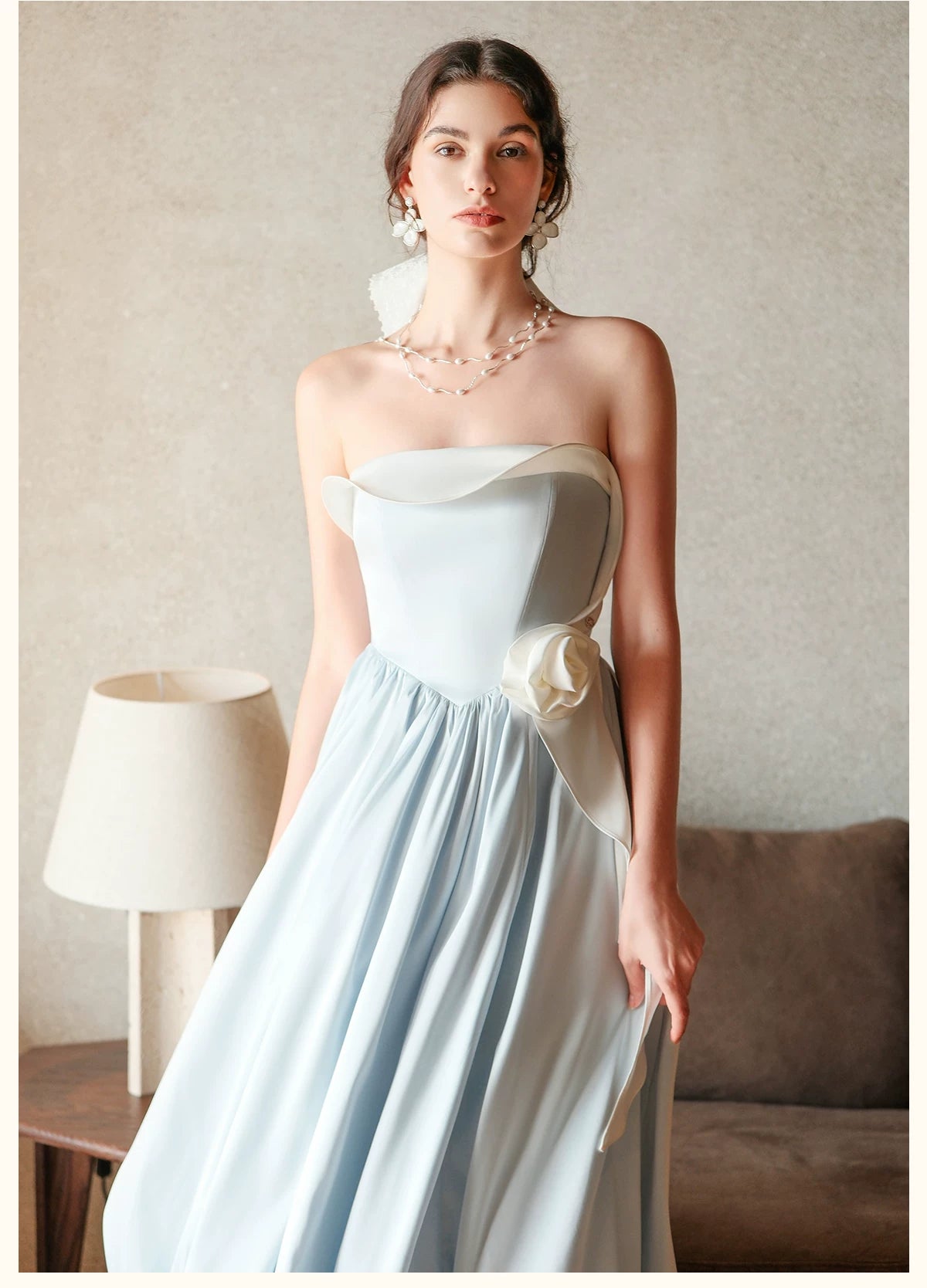 Satin Floral Bubble Hem Strapless Dress
