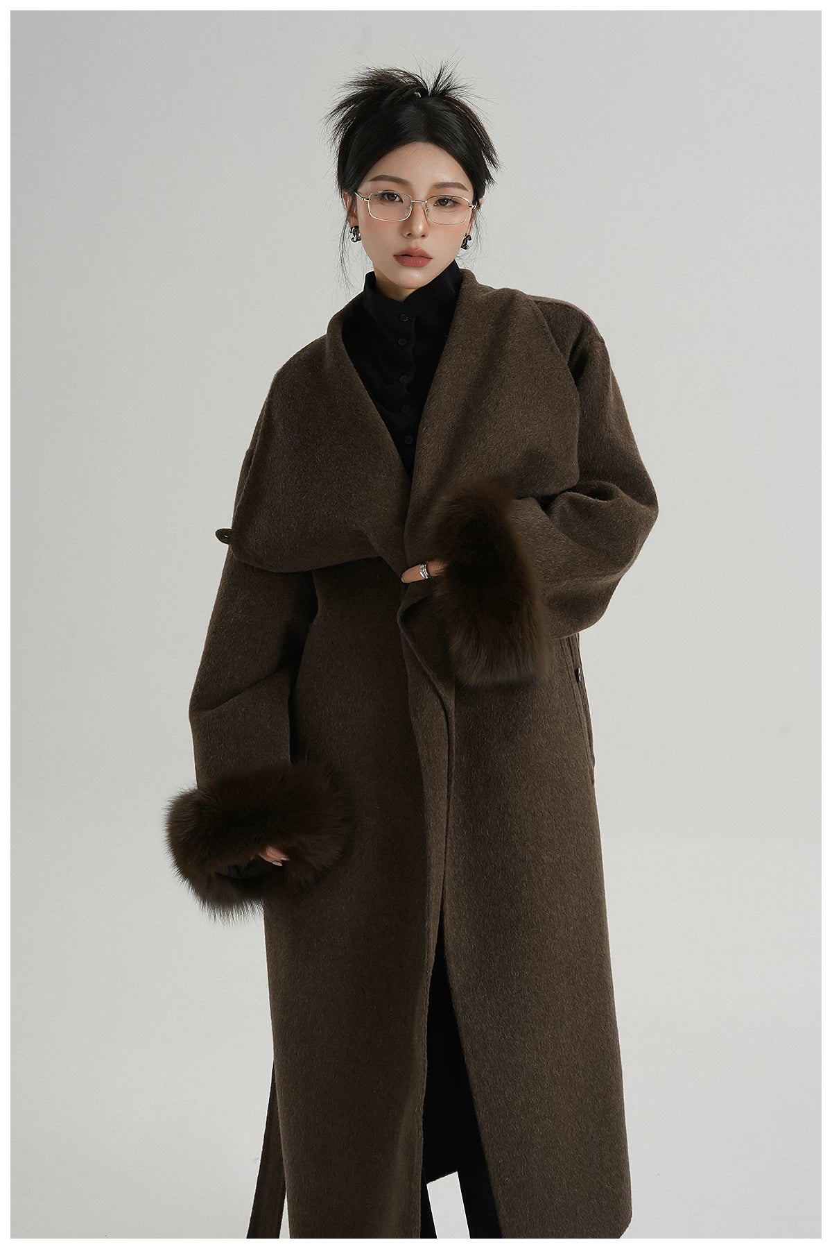 Elegant Fox-Fur Sleeve Long Wool Coat
