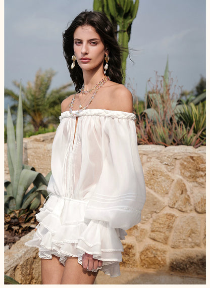 Off-Shoulder Printed Chiffon Layered Dress