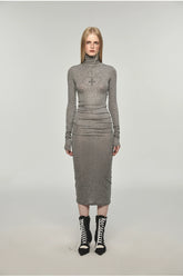 Rhinestone High Neck Long Sleeve Dress - CHINASQUAD