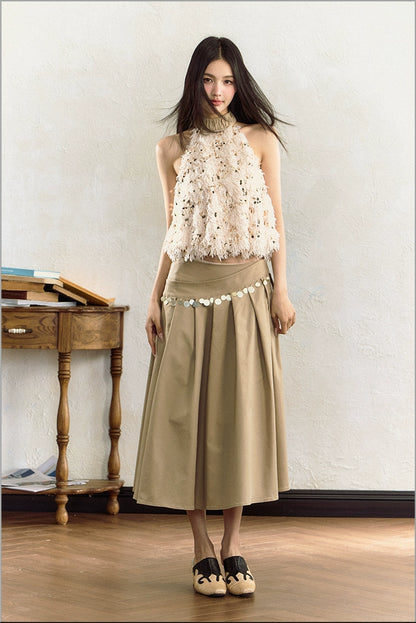 Khaki Sequin High Waist Skirt - CHINASQUAD