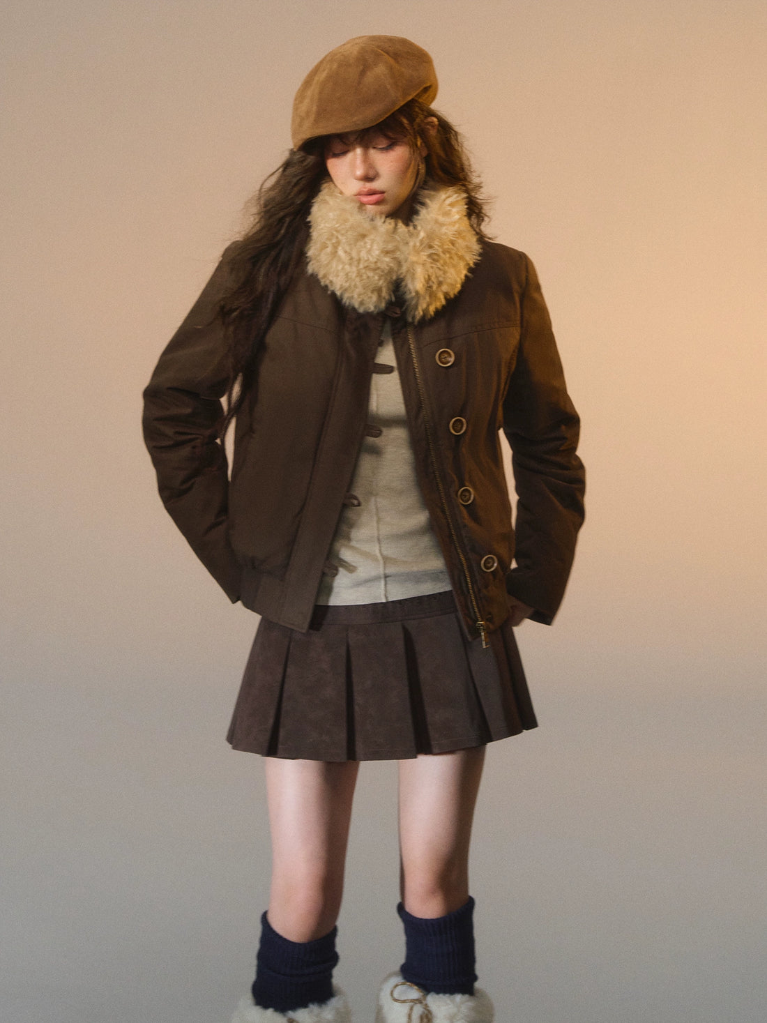 Lace-Trimmed Velvet Pleated Faux Leather Mini Skirt