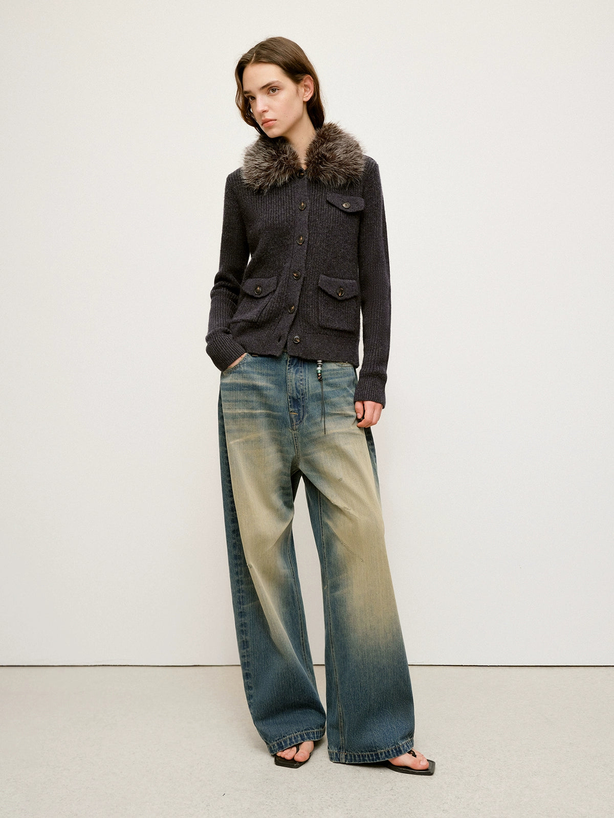 Vintage Tapered Wide-Leg Distressed Denim Pants
