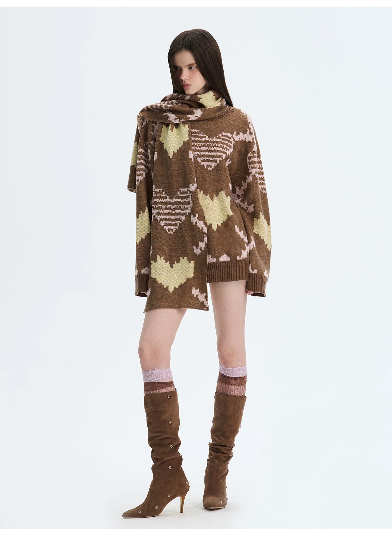 Retro Pixel Jacquard Knit Sweater &amp; Scarf Set