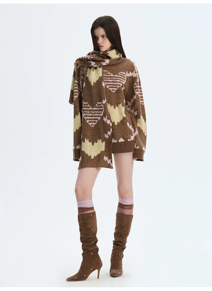 Retro Pixel Jacquard Knit Sweater &amp; Scarf Set