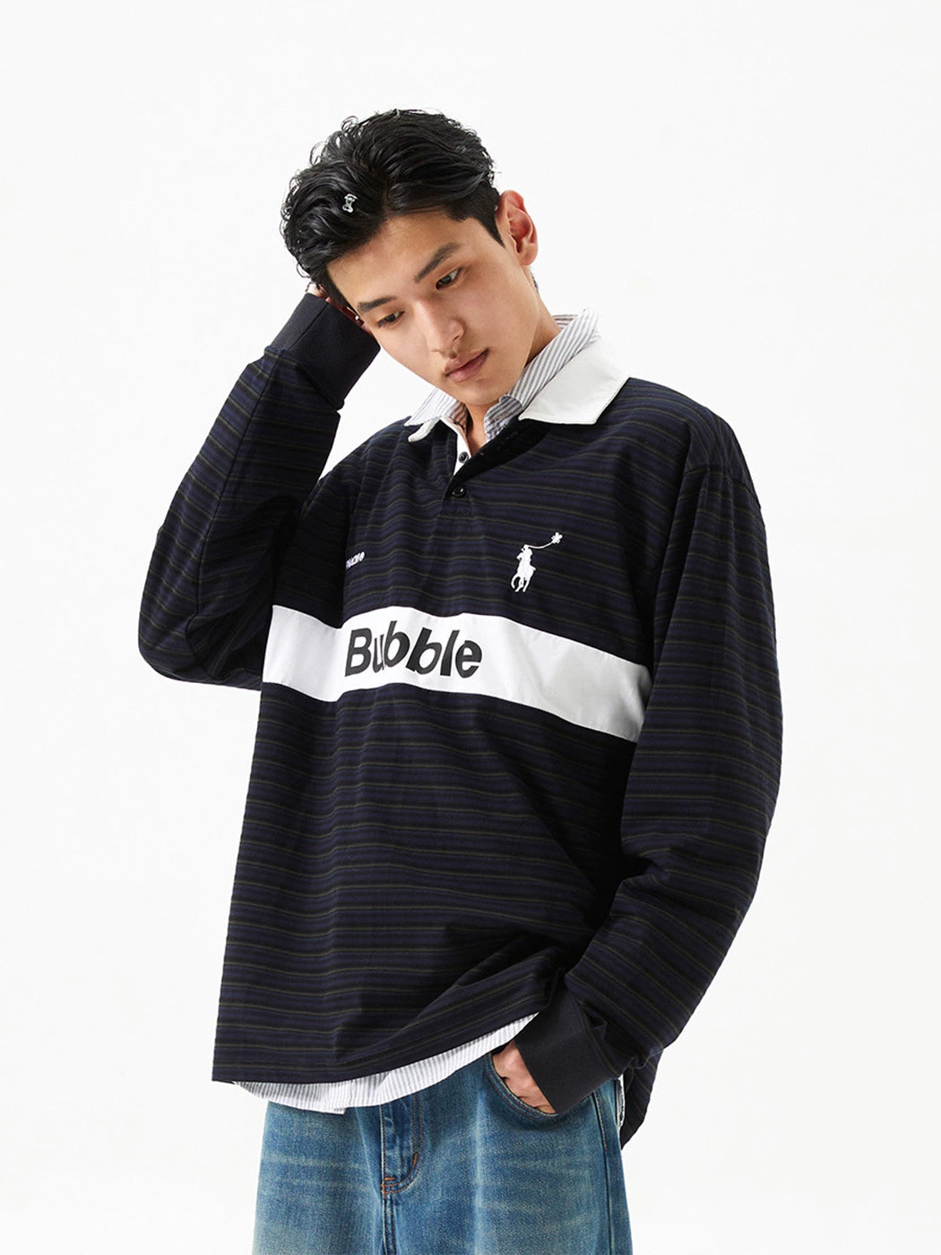 Vintage Striped Color-Block Long Sleeve Polo