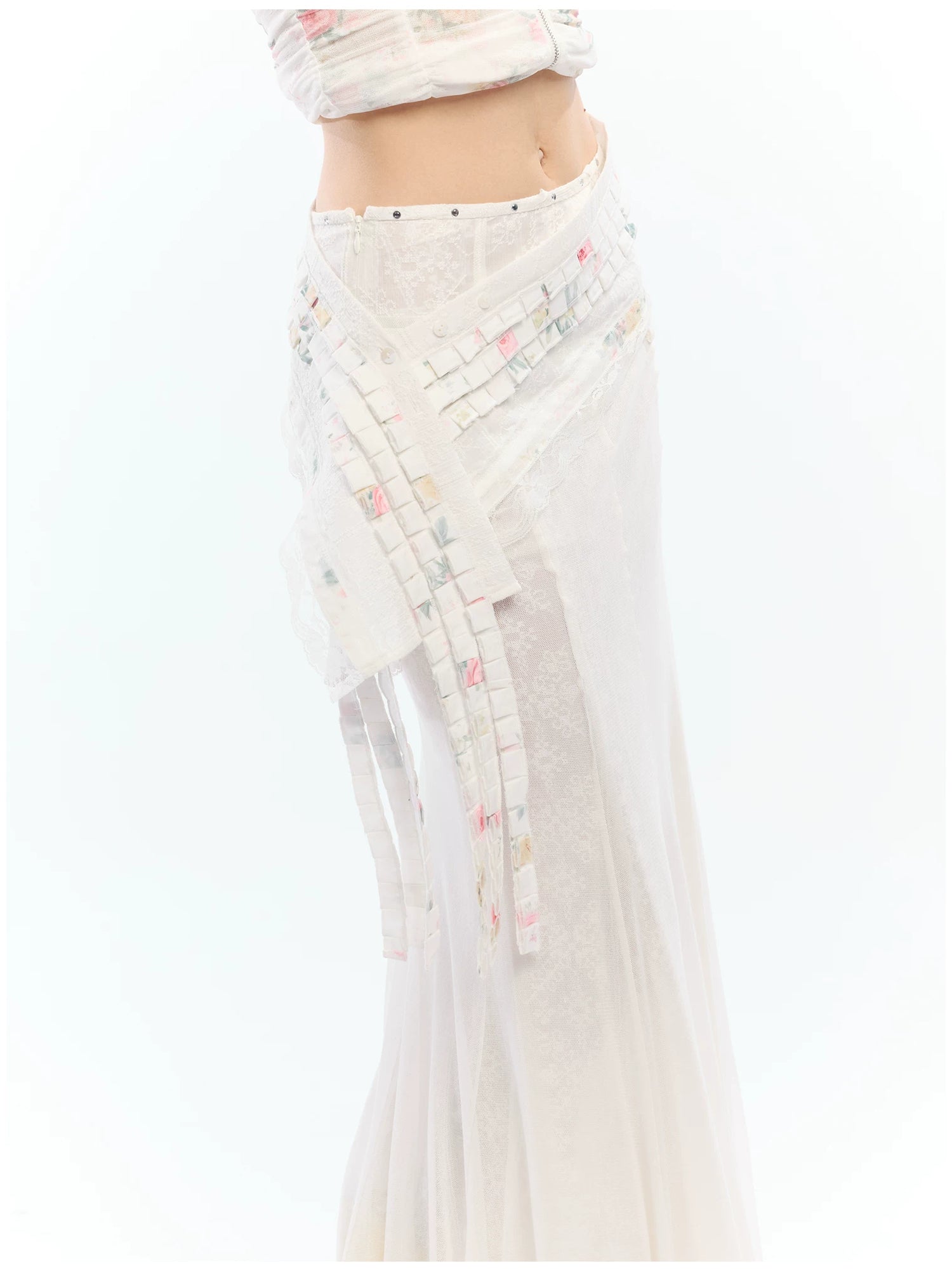 Vintage Floral Lace Asymmetric Waist Draped Overlay Skirt Belt
