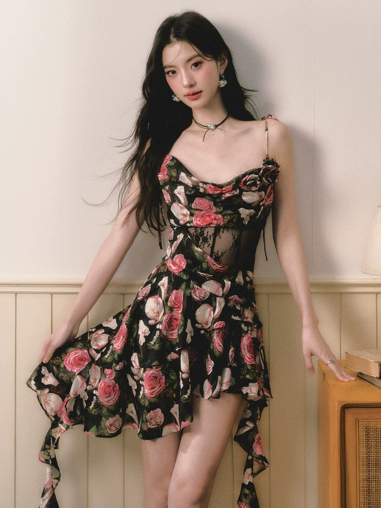 Black &amp; Pink Rose Floral Dress