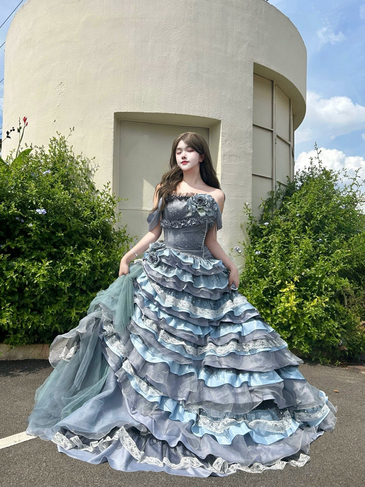 Nightscape Ruffled Tulle Gown with Floral Embellishments