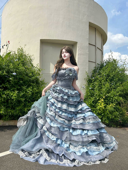 Nightscape Ruffled Tulle Gown with Floral Embellishments