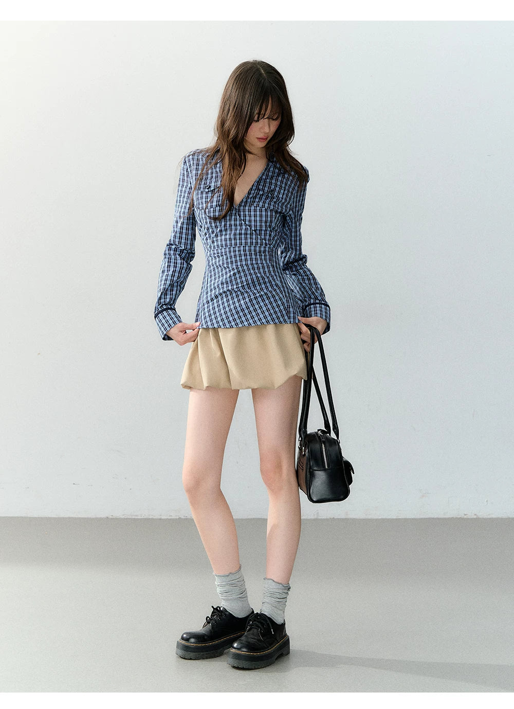 Wrapped V-Neck Plaid Shirt