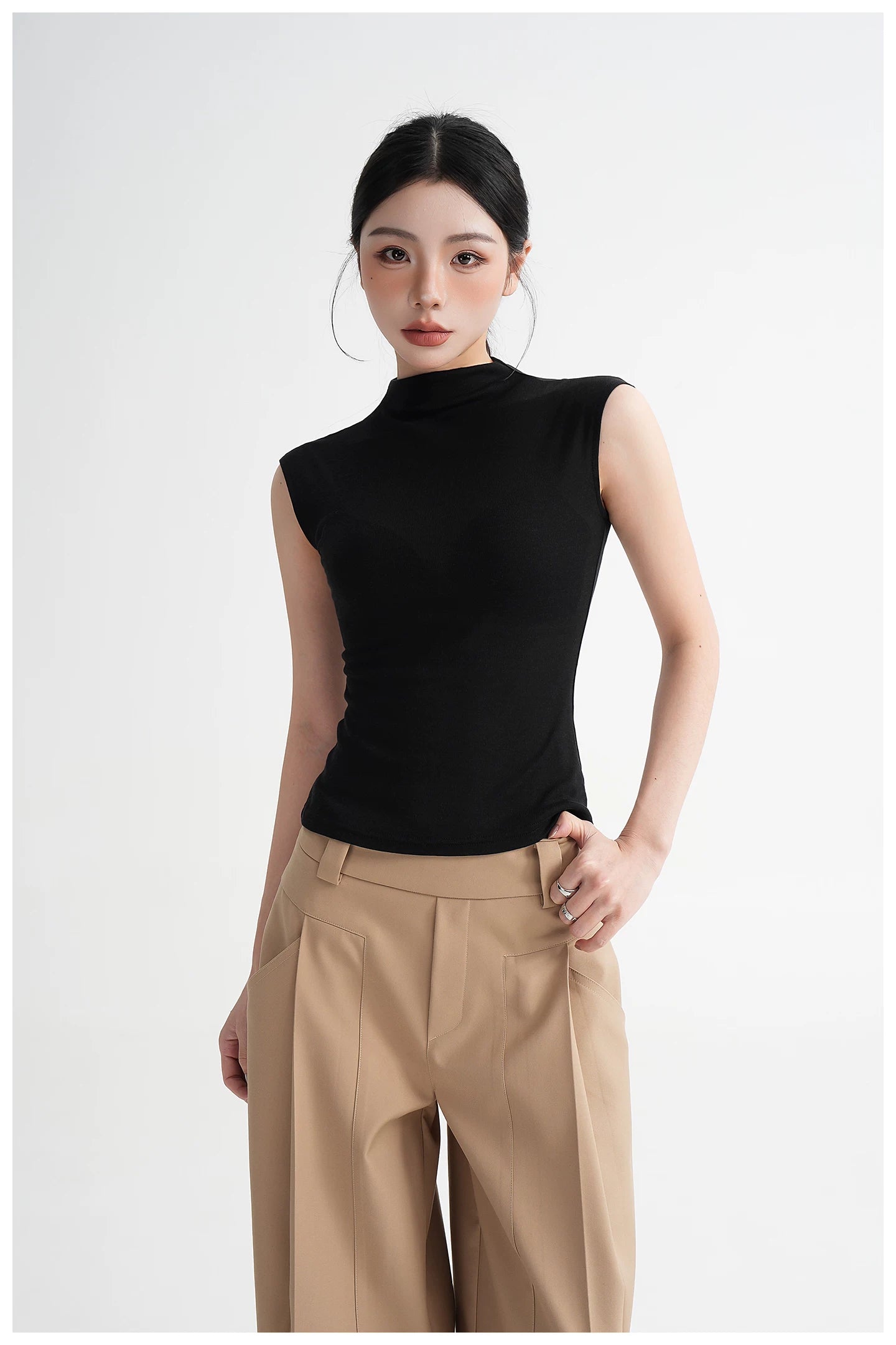 Silk Lyocell High-Neck Sleeveless Fitted T-Shirt