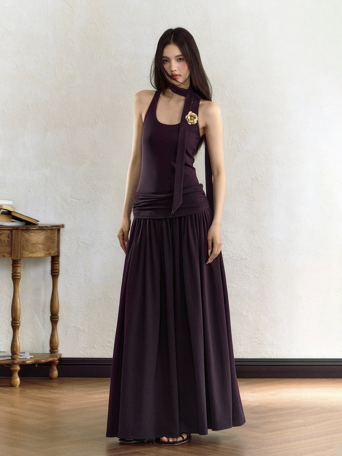 Gray &amp; Purple Waist Wrinkle Suspender Dress - CHINASQUAD