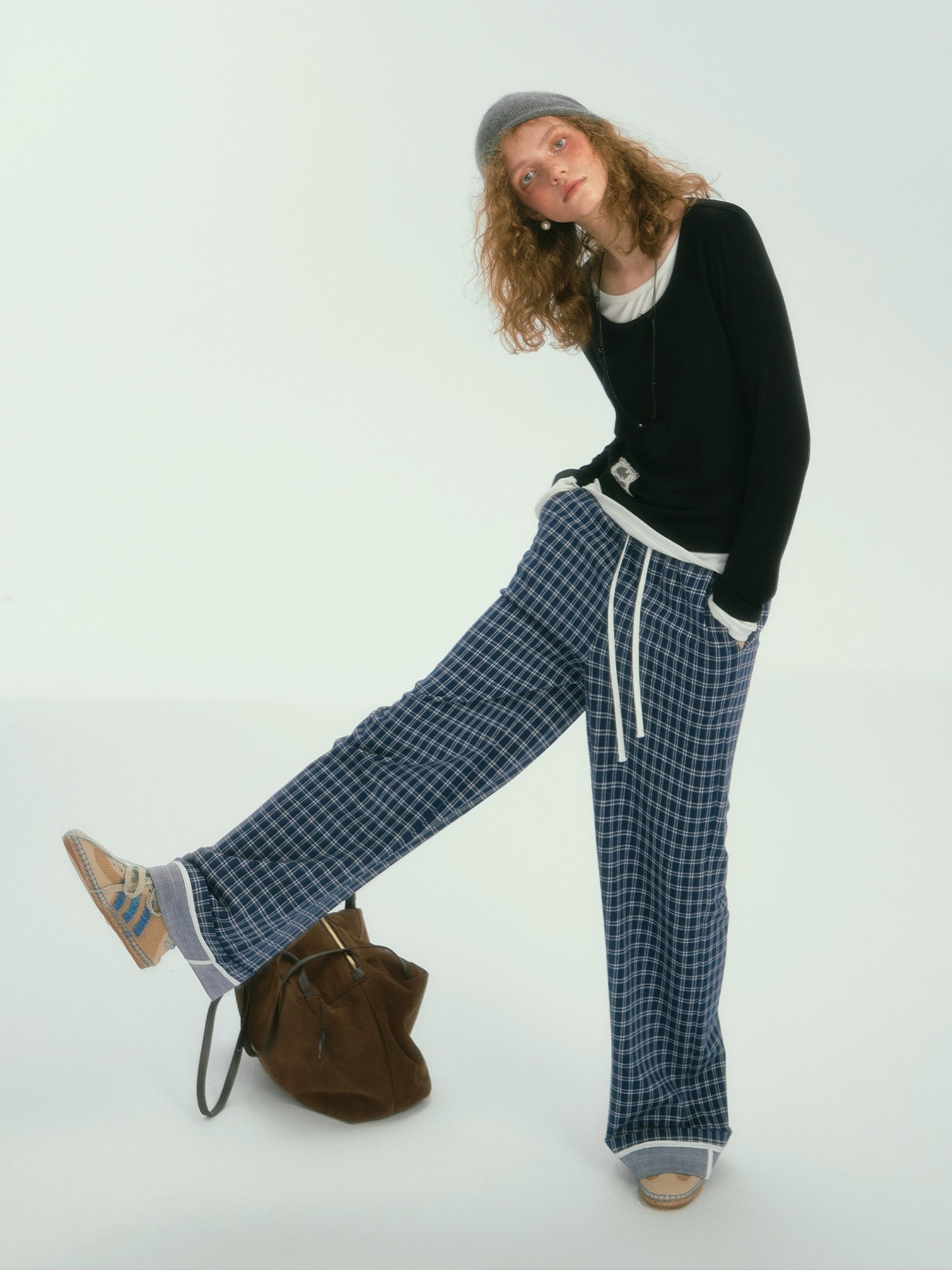 Relaxed Plaid Thin Fleece Wide-Leg Pants