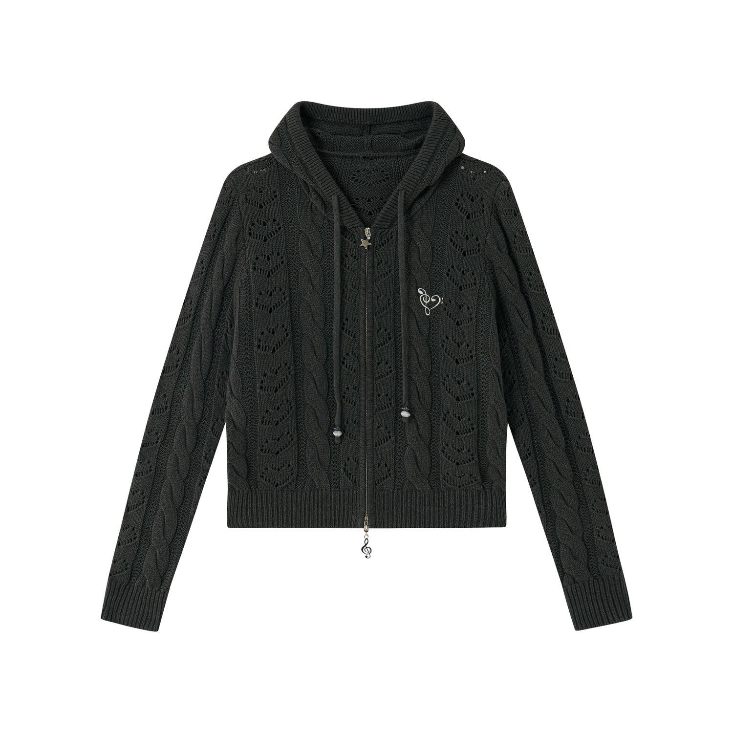 Heart Cutout Cable-Knit Hooded Cardigan