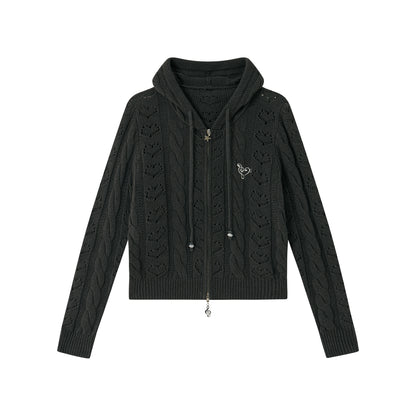 Heart Cutout Cable-Knit Hooded Cardigan