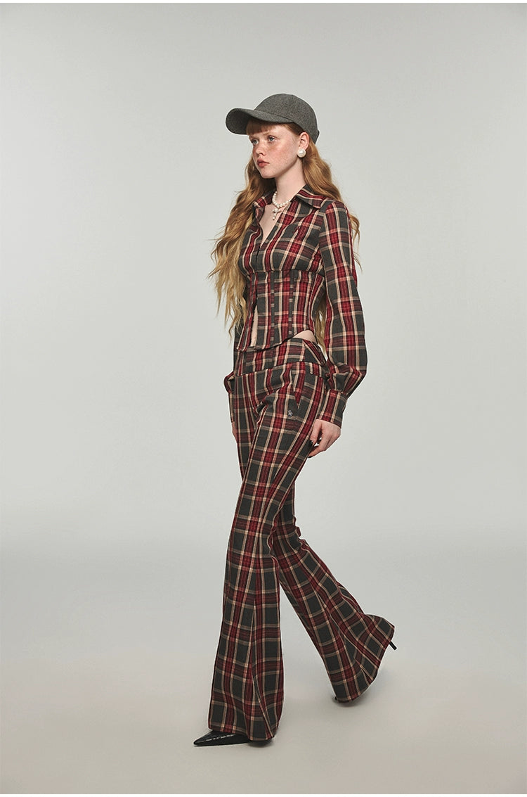 Plaid &amp; Leopard Slim-Fit Flared Pants - CHINASQUAD