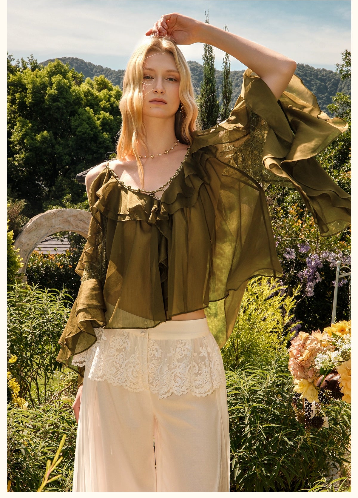 Flowy Chiffon Ruffle Rope Blouse