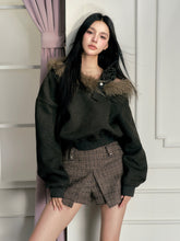 Olive Green Fur Collar Short Sweater - CHINASQUAD