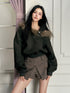 Olive Green Fur Collar Short Sweater - CHINASQUAD