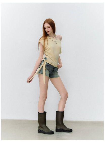 Asymmetric One-Shoulder Tie Detail Cutout Short Sleeve T-Shirt