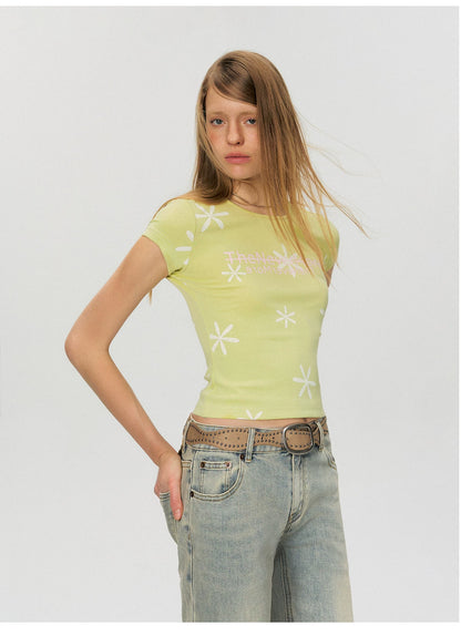 Vintage Contrast Floral Slim-Fit Cropped T-Shirt