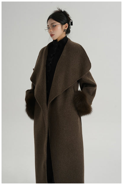 Elegant Fox-Fur Sleeve Long Wool Coat