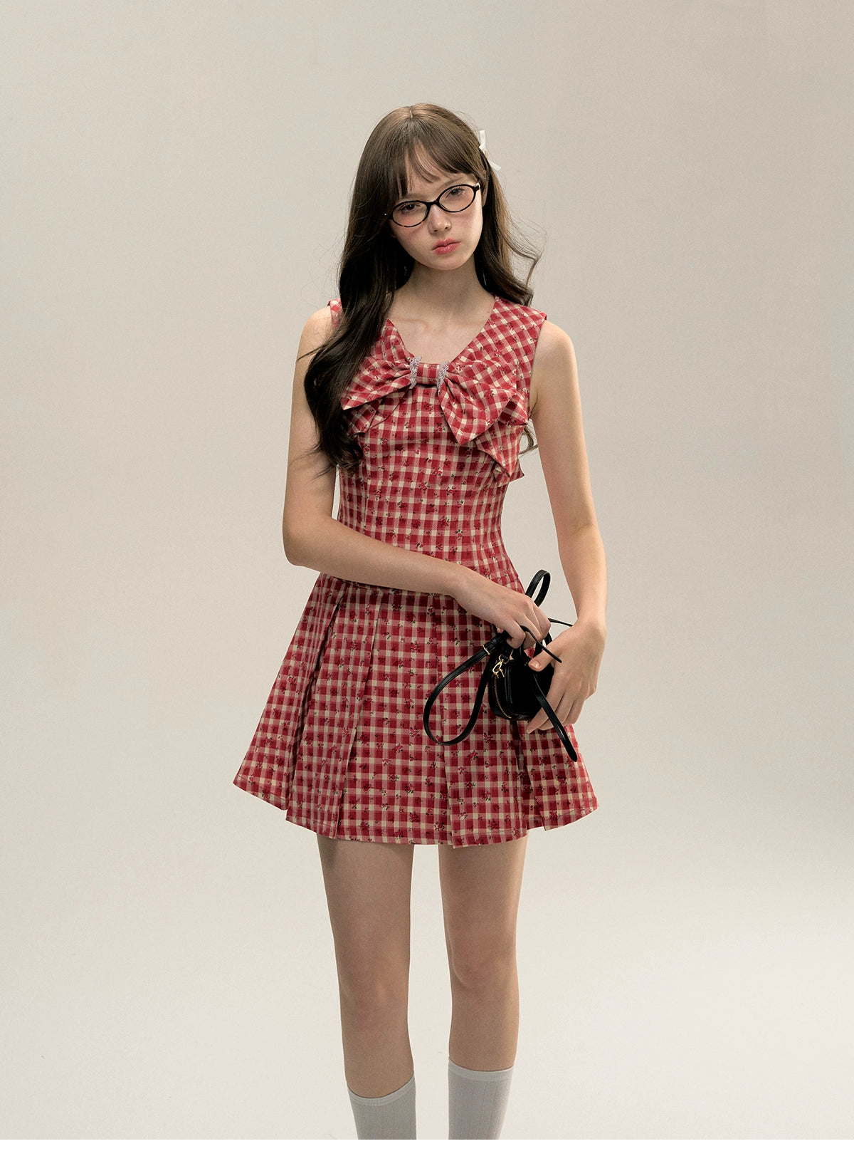 Red Gingham Sleeveless Round-neck Dress