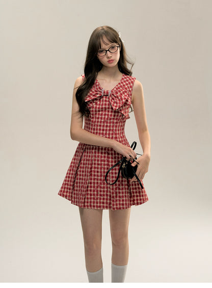 Red Gingham Sleeveless Round-neck Dress