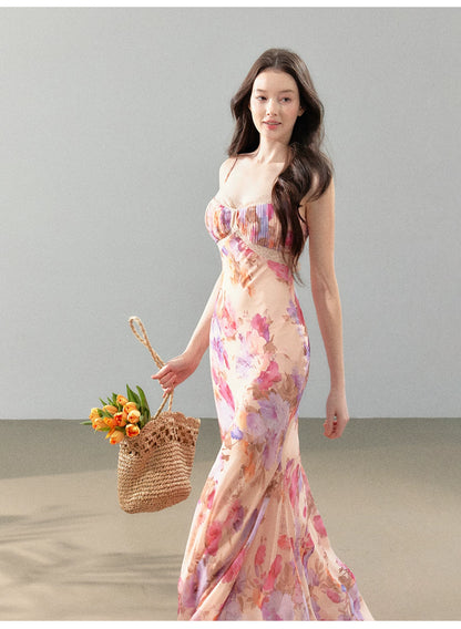 Dreamlike Summer Floral Chiffon Mermaid Slip Maxi Dress