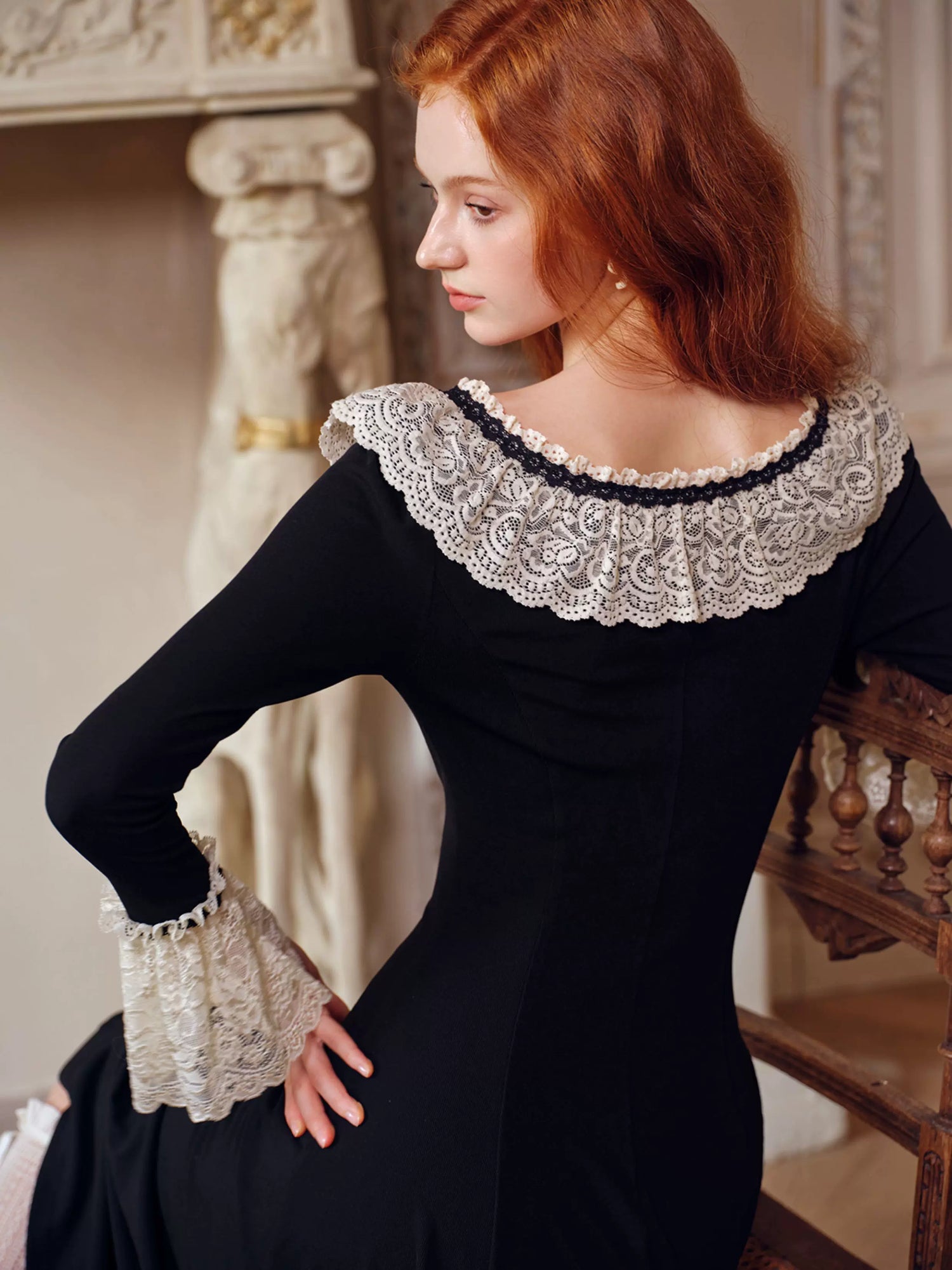 French Pastoral Black Knit Long-Sleeve Dress