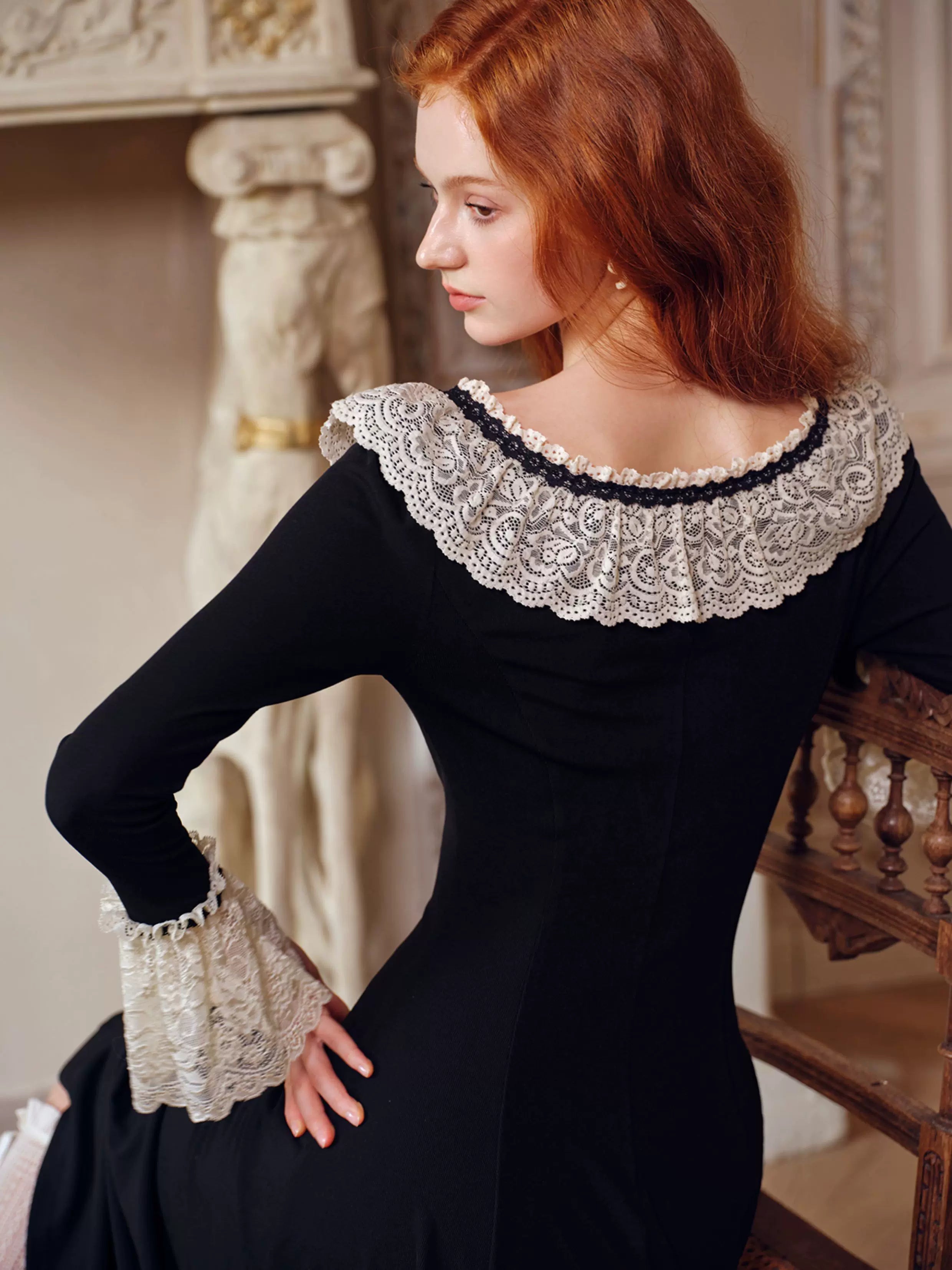 French Pastoral Black Knit Long-Sleeve Dress