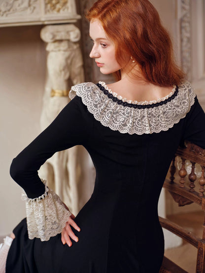 French Pastoral Black Knit Long-Sleeve Dress