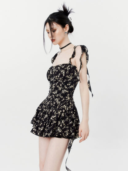 Black French Floral Waist-Cinching Dress