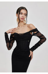 (Final Sale) Apricot & Black Mesh Off-shoulder Fishtail Dress - CHINASQUAD