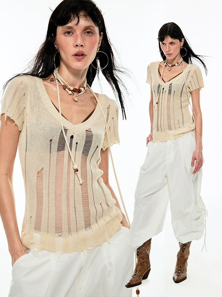 Distressed V-Neck Irregular Cover-Up Blouse - CHINASQUAD