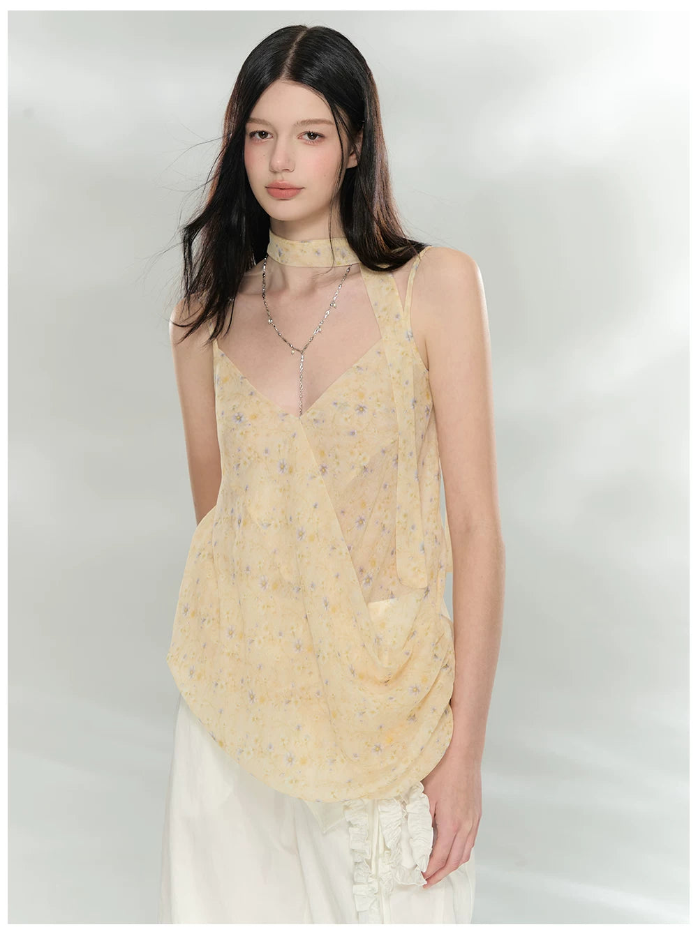 Asymmetric Ribbon Tie Sheer V-Neck Camisole
