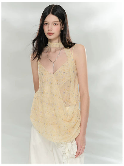 Asymmetric Ribbon Tie Sheer V-Neck Camisole