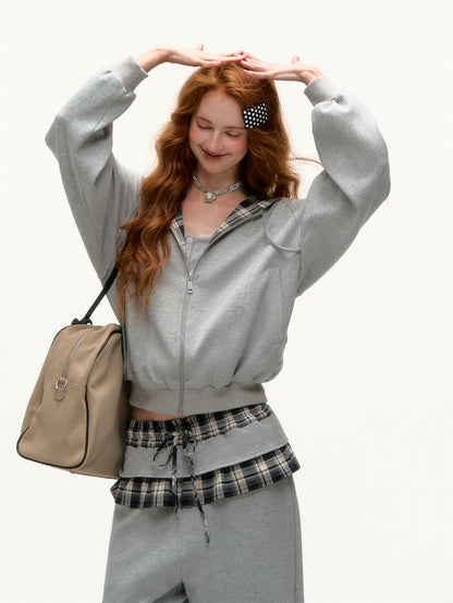 Plaid Patch Embroidered Sweatshirt &amp; Ruffled Waist Pants Set