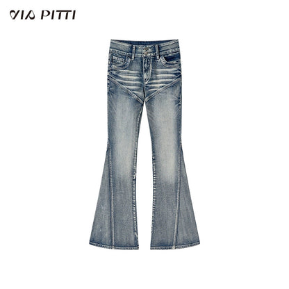 Grey &amp; Blue Denim Vintage Slim Fit Flared Jeans - CHINASQUAD